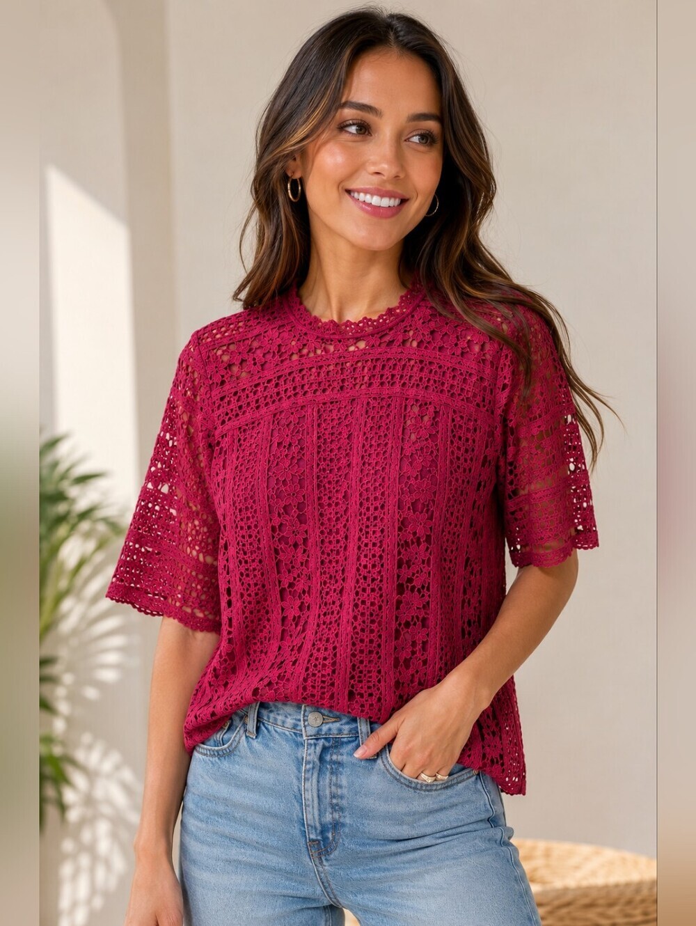 LOFT Lace Blouse Womens XS Red Crochet Floral Short Sleeve Sheer Top Boho.